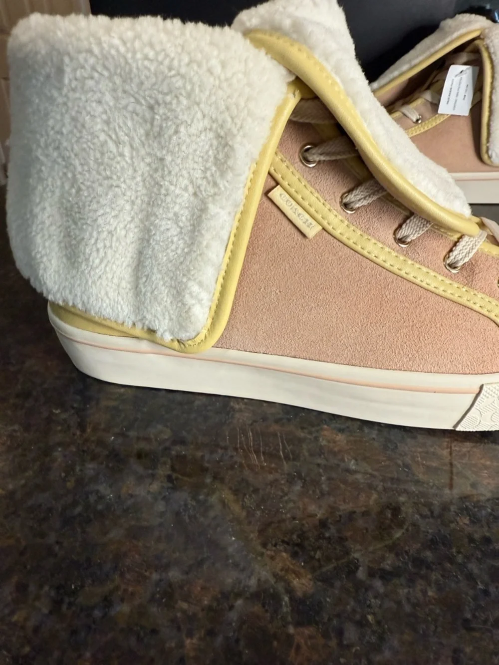 Coach City Soul Suede Fold Over Shearling Sneakers in Blush and Cream